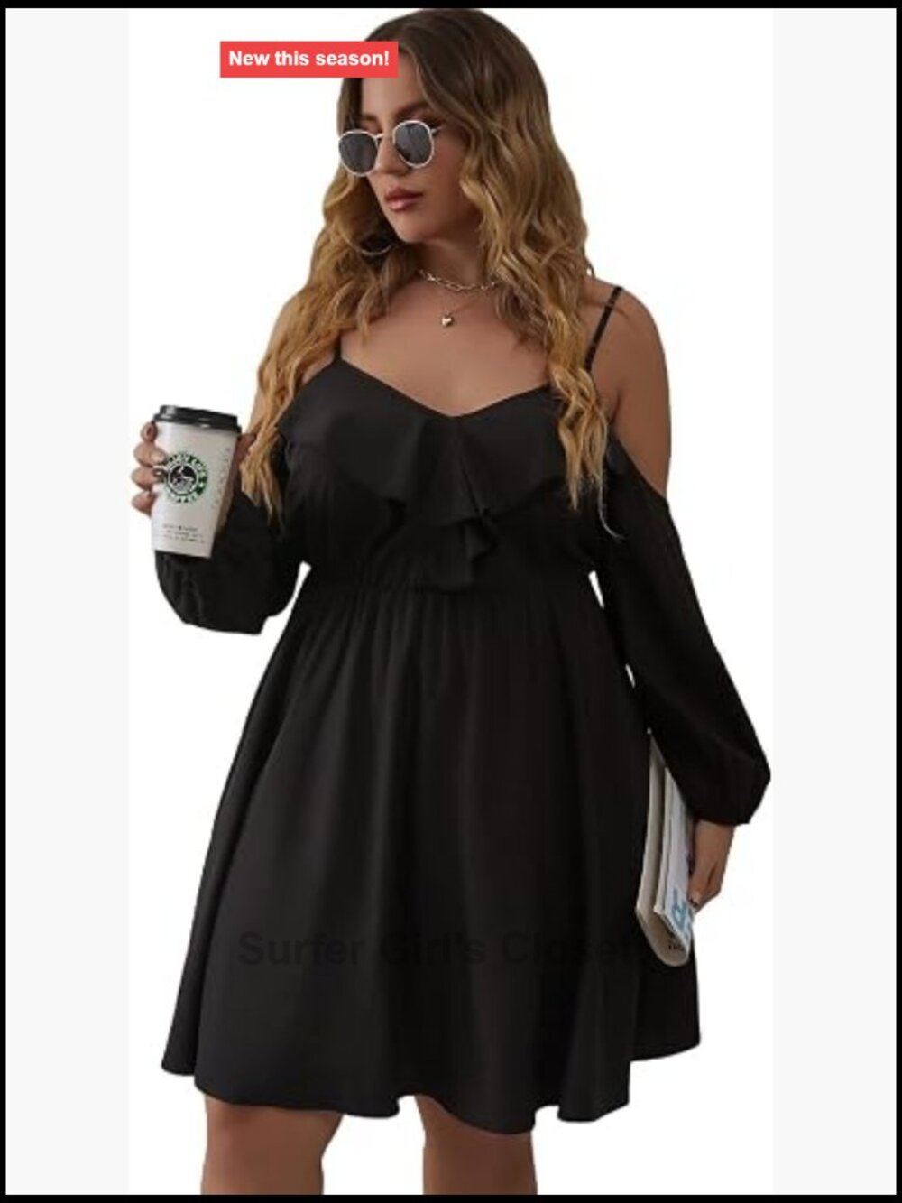 Plus Size Cold Shoulder Ruffle Trim Bishop Sleeve A-Line Dress